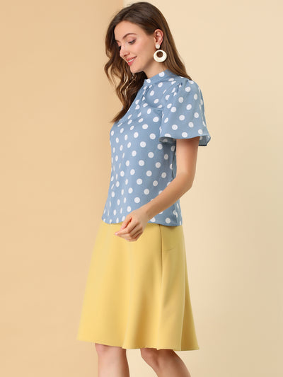 Polka Dots Stand Collar Pleat Keyhole Short Flare Sleeve Blouse