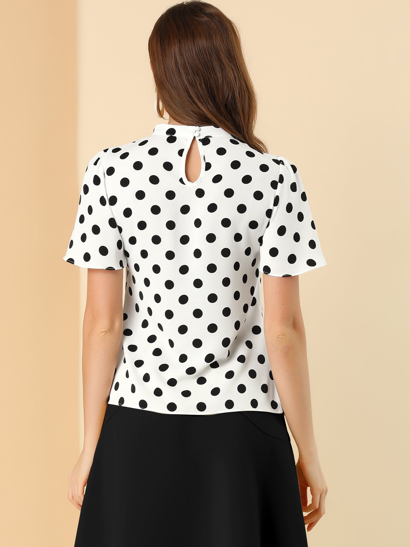 Allegra K Polka Dots Stand Collar Pleat Keyhole Short Flare Sleeve Blouse