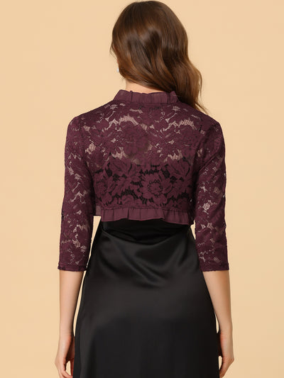 Elegant Ruffle Collar Sheer Floral Lace Crop Bolero Shrug