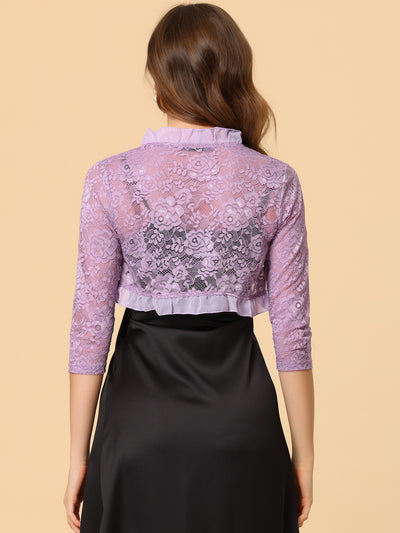 Elegant Ruffle Collar Sheer Floral Lace Crop Bolero Shrug