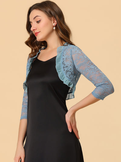 Elegant Ruffle Collar Sheer Floral Lace Crop Bolero Shrug