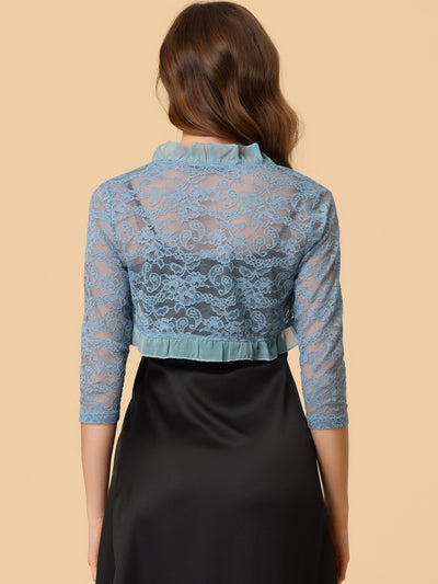 Elegant Ruffle Collar Sheer Floral Lace Crop Bolero Shrug