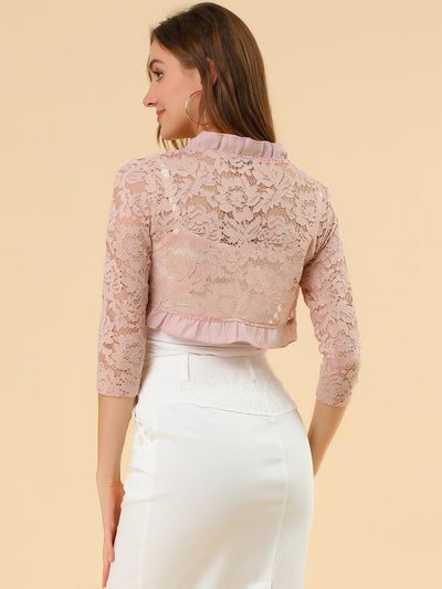 Elegant Ruffle Collar Sheer Floral Lace Crop Bolero Shrug