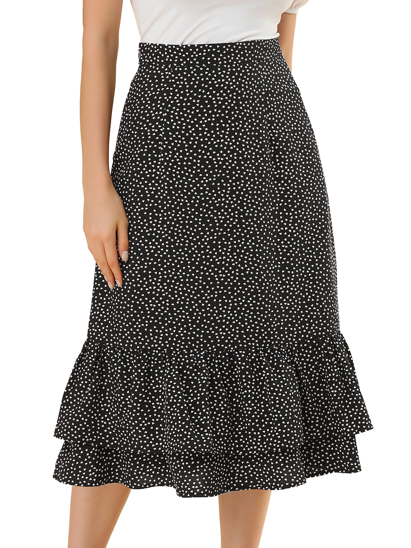 Allegra K Chiffon Printed Elastic Waist Ruffle Tiered Flowy Midi Skirt