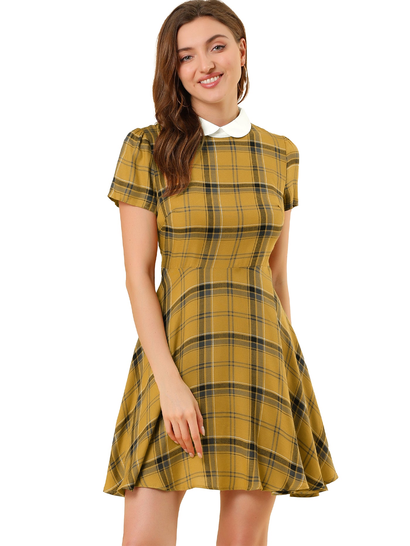 Allegra K Plaid Grid Peter Pan Collar Contrast Short Sleeve A-line Dress