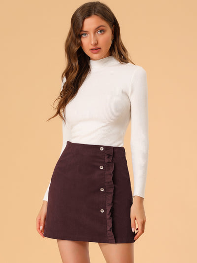 Corduroy Vintage Button Decor Ruffled Trim High Waist Short Skirt
