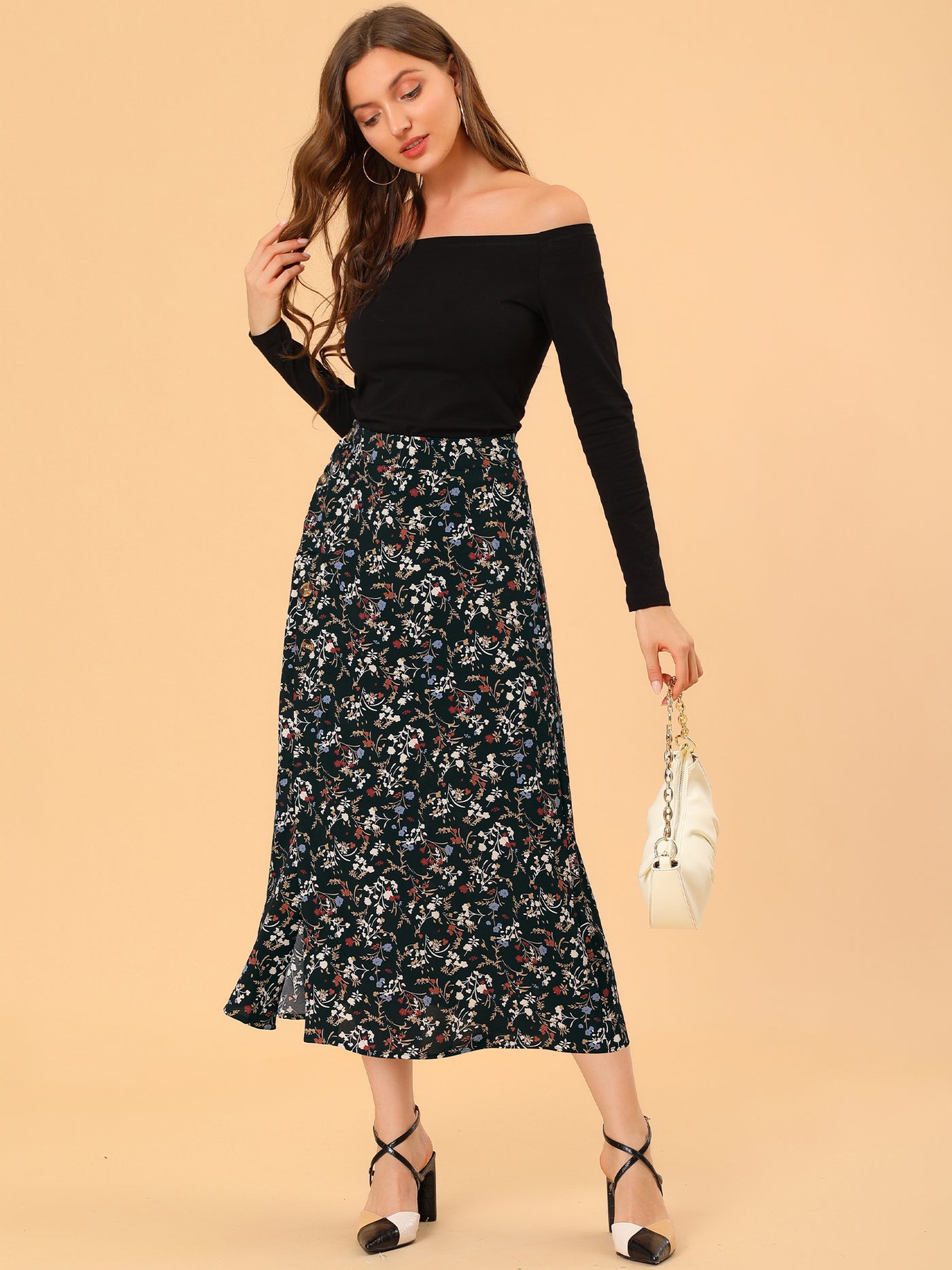 Allegra K Floral Print Button Decor A-Line High Waist Slit Maxi Skirt