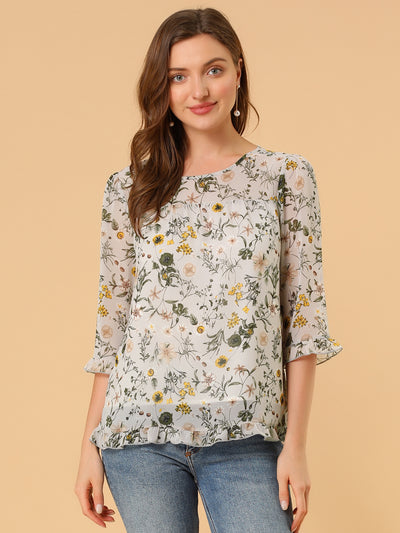 Casual Ruffle 3/4 Sleeve Floral Print Chiffon Blouse