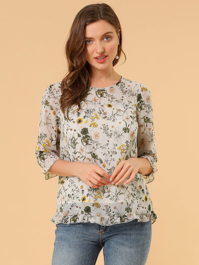 Casual Ruffle 3/4 Sleeve Floral Print Chiffon Blouse