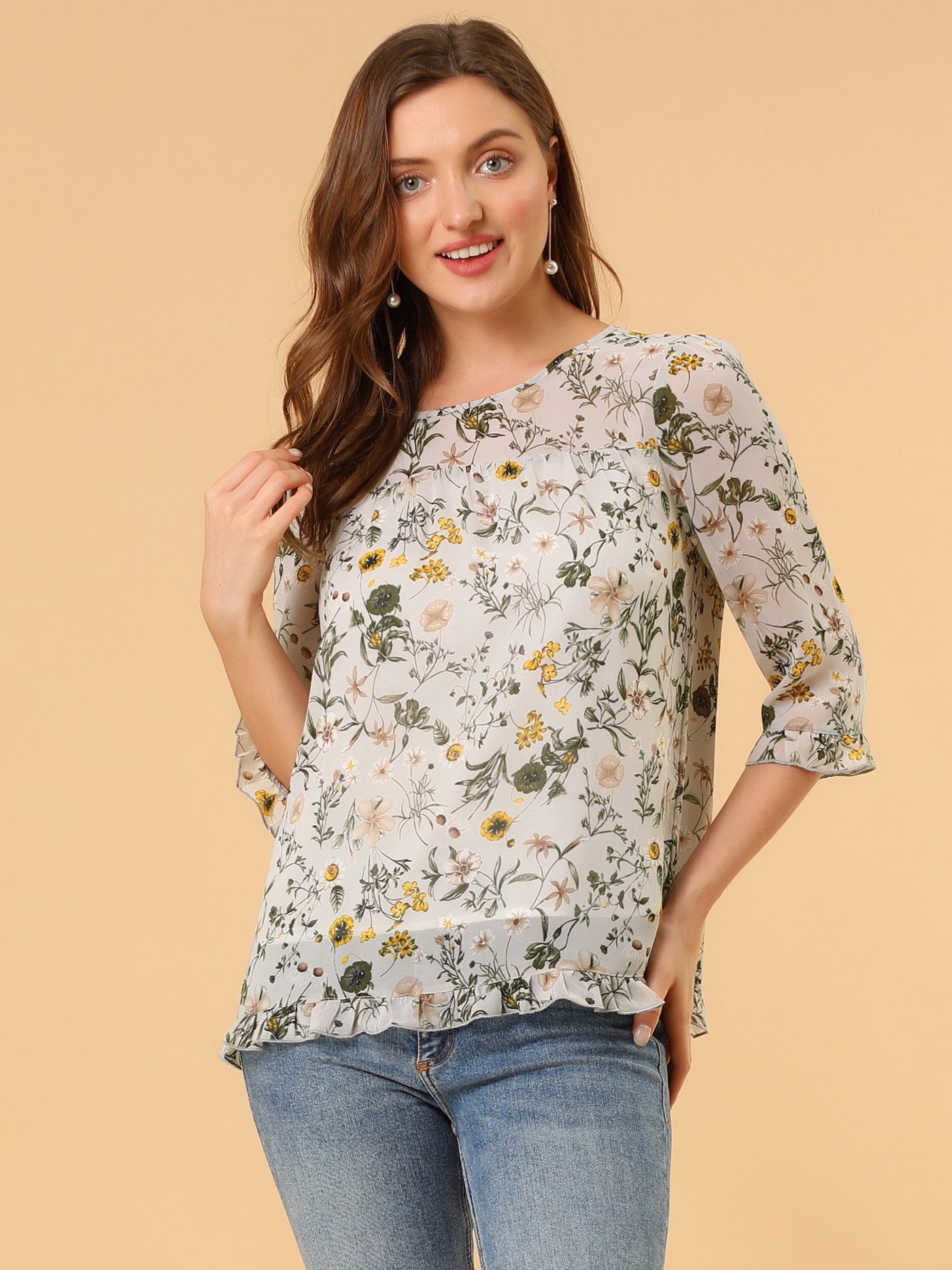 Allegra K Casual Ruffle 3/4 Sleeve Floral Print Chiffon Blouse