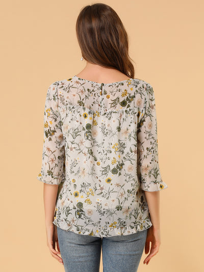 Casual Ruffle 3/4 Sleeve Floral Print Chiffon Blouse