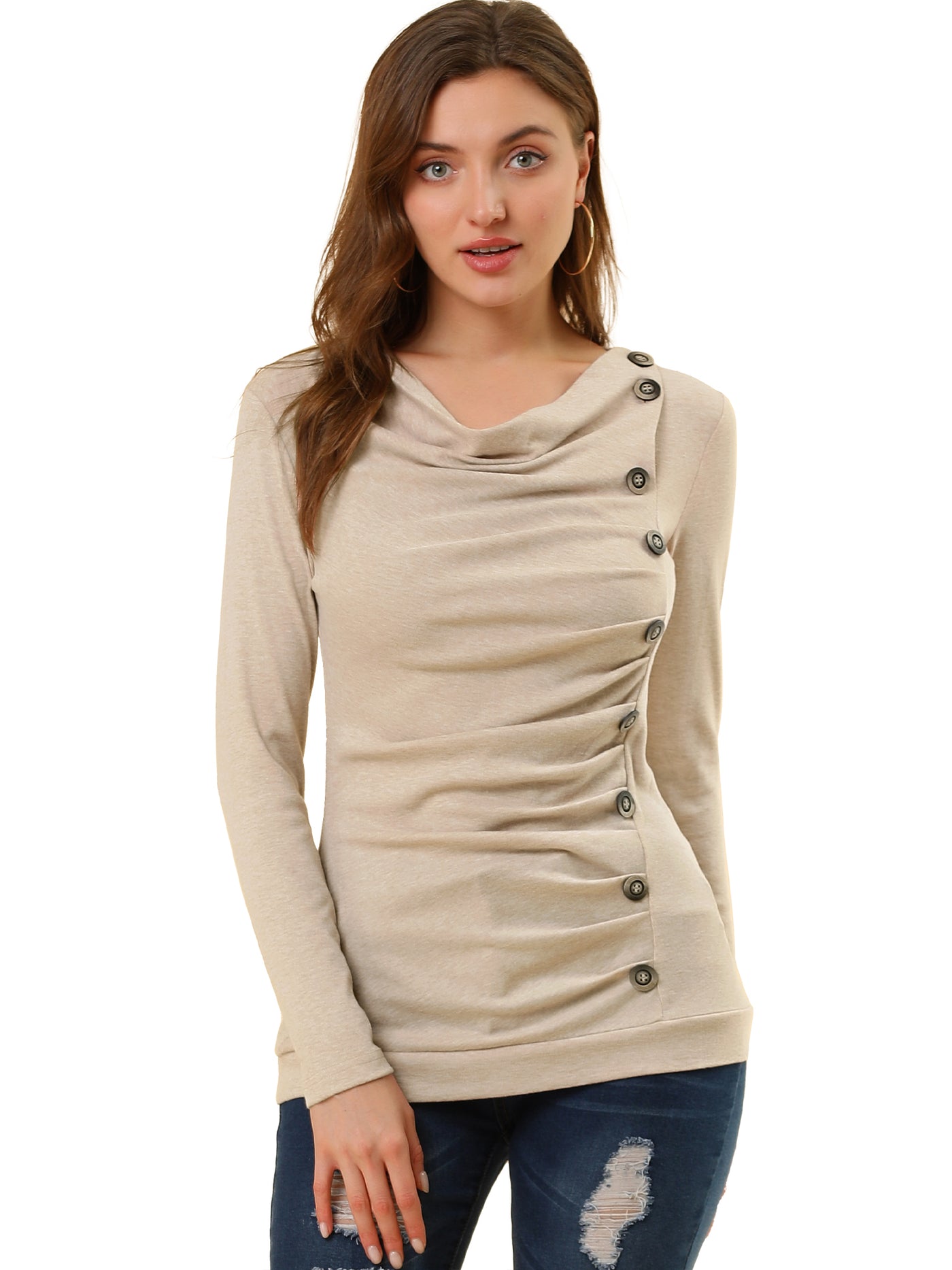 Allegra K Cowl Neck Long Sleeve Button Decor Ruched Tunic