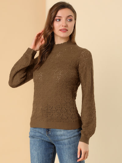 Ruffle Mock Neck Bishop Sleeve Knitted Ribbed Pullover Sweater