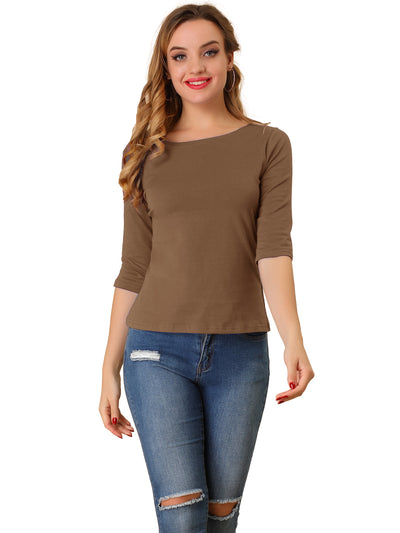 Casual Boat Neck Elbow Sleeve Solid Basic T-shirt