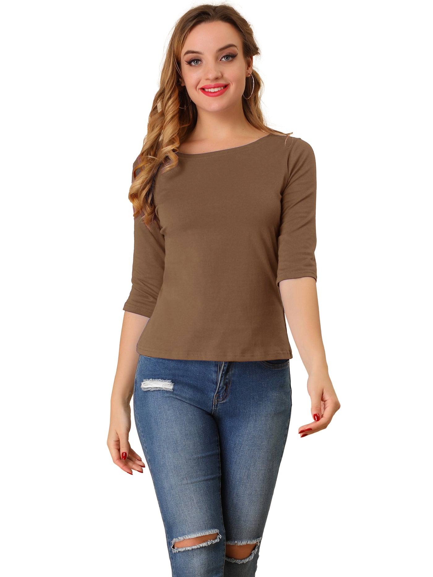 Allegra K Casual Boat Neck Elbow Sleeve Solid Basic T-shirt