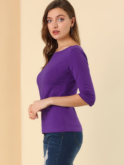 Casual Boat Neck Elbow Sleeve Solid Basic T-shirt