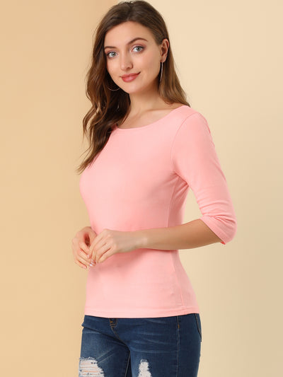 Casual Boat Neck Elbow Sleeve Solid Basic T-shirt