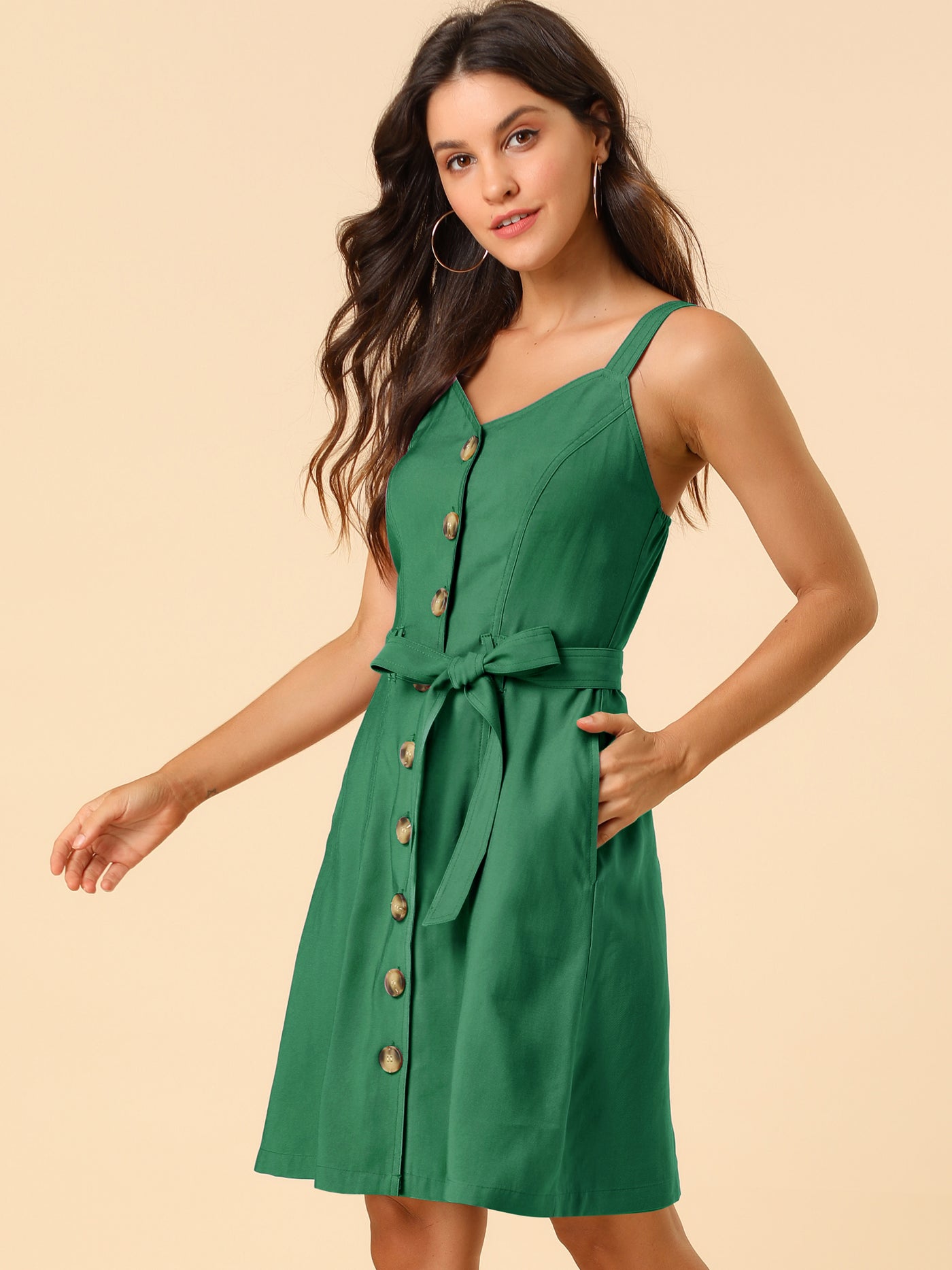 Allegra K Sweetheart Neck Belted Pockets Button Spaghetti Strap Cami Dress