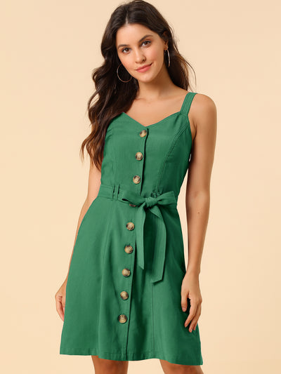 Sweetheart Neck Belted Pockets Button Spaghetti Strap Cami Dress