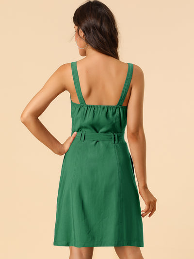 Sweetheart Neck Belted Pockets Button Spaghetti Strap Cami Dress