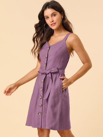 Sweetheart Neck Belted Pockets Button Spaghetti Strap Cami Dress