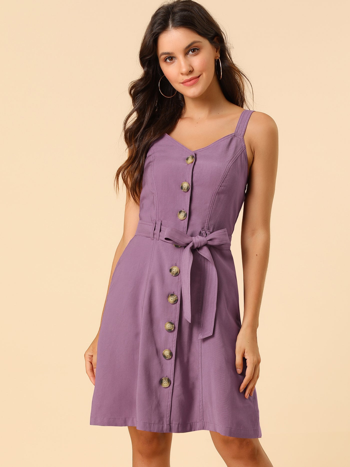 Allegra K Sweetheart Neck Belted Pockets Button Spaghetti Strap Cami Dress