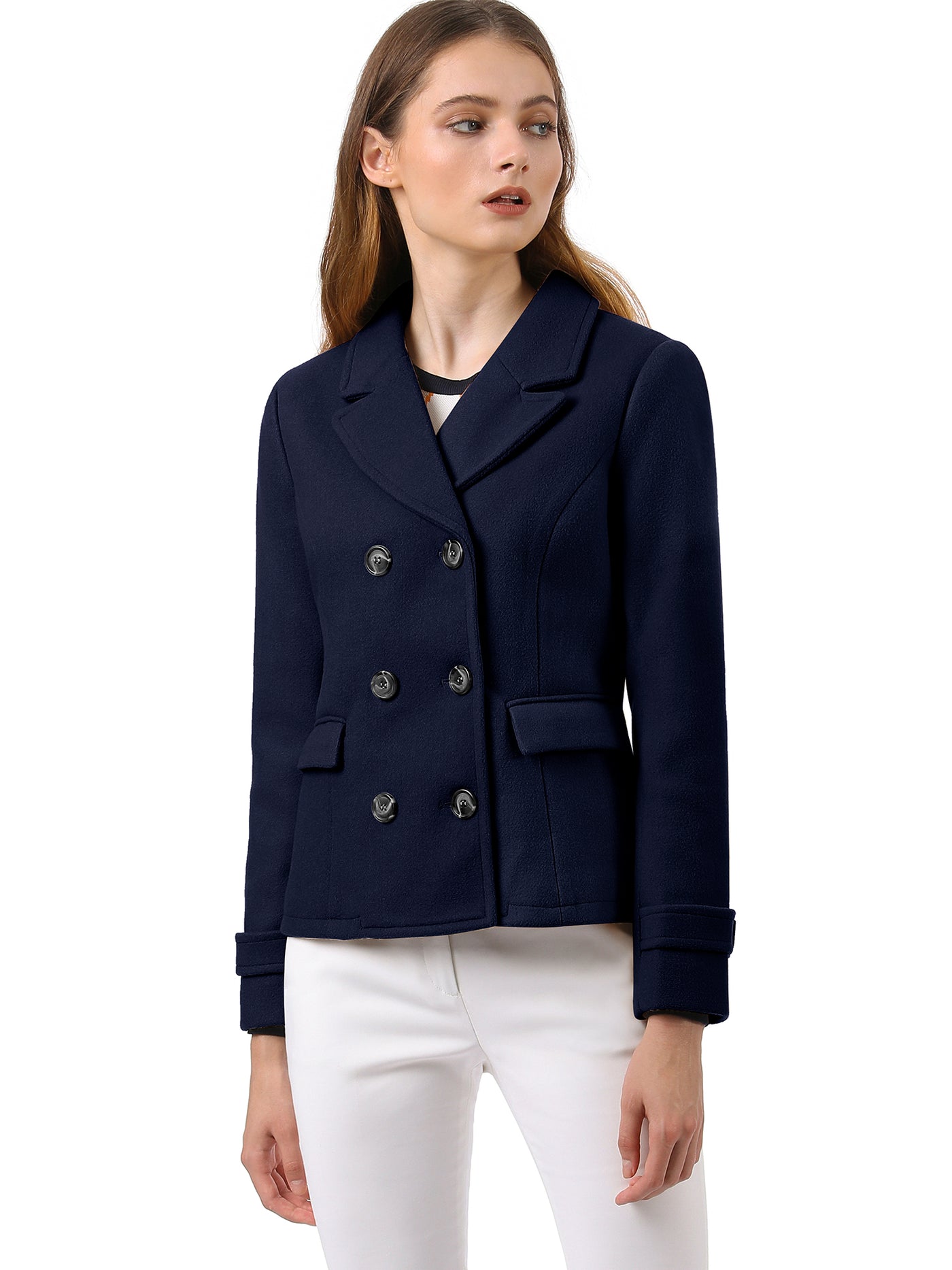 Allegra K Winter Notched Lapel Double Breasted Short Pea Coat