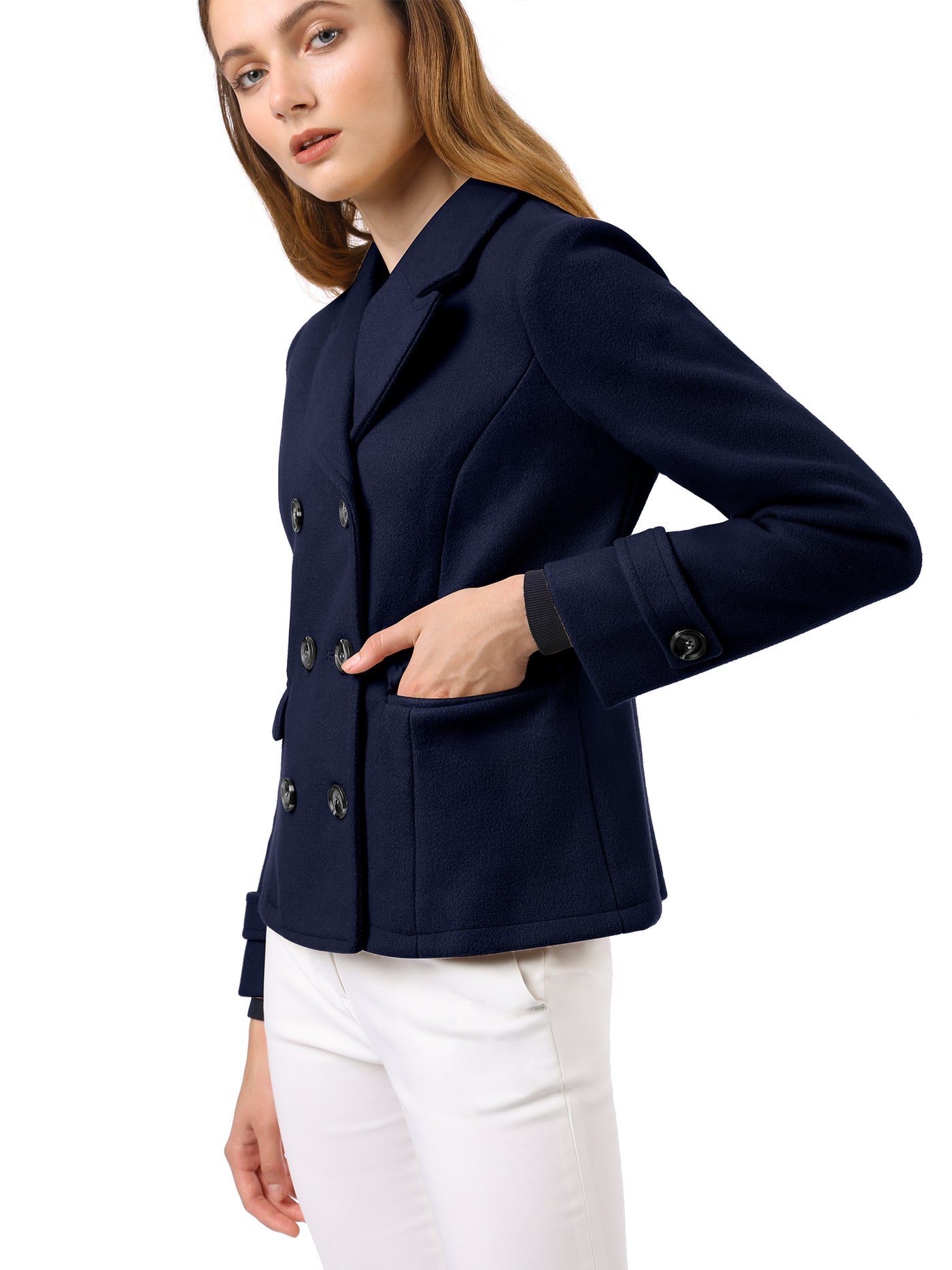 Allegra K Winter Notched Lapel Double Breasted Short Pea Coat