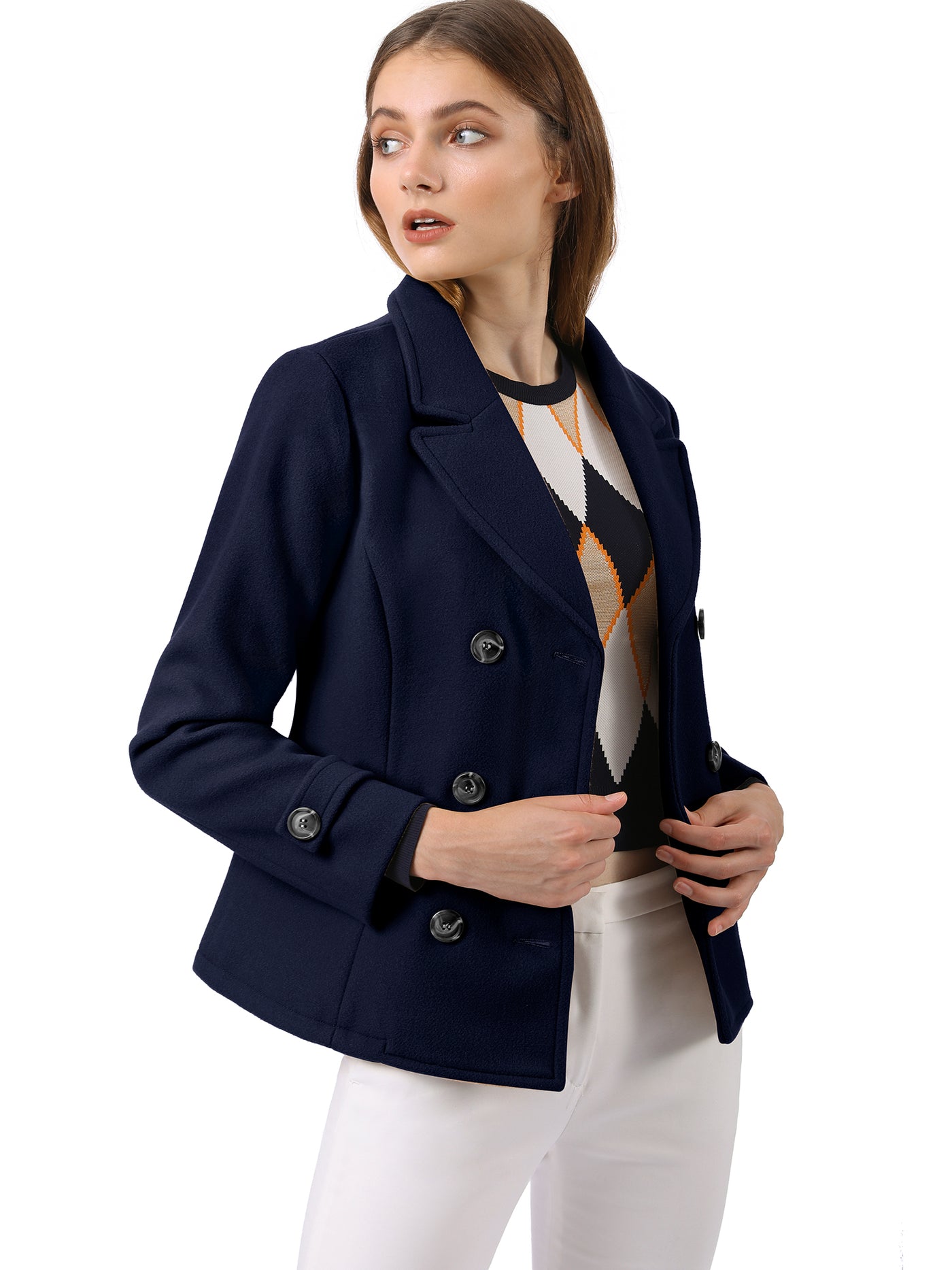 Allegra K Winter Notched Lapel Double Breasted Short Pea Coat