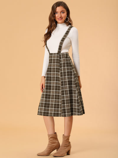 Plaid Overall Dress High Waist A-Line Tartan Suspender Midi Skirt