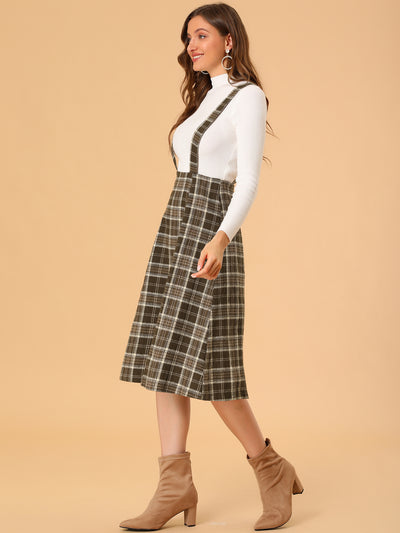 Plaid Overall Dress High Waist A-Line Tartan Suspender Midi Skirt