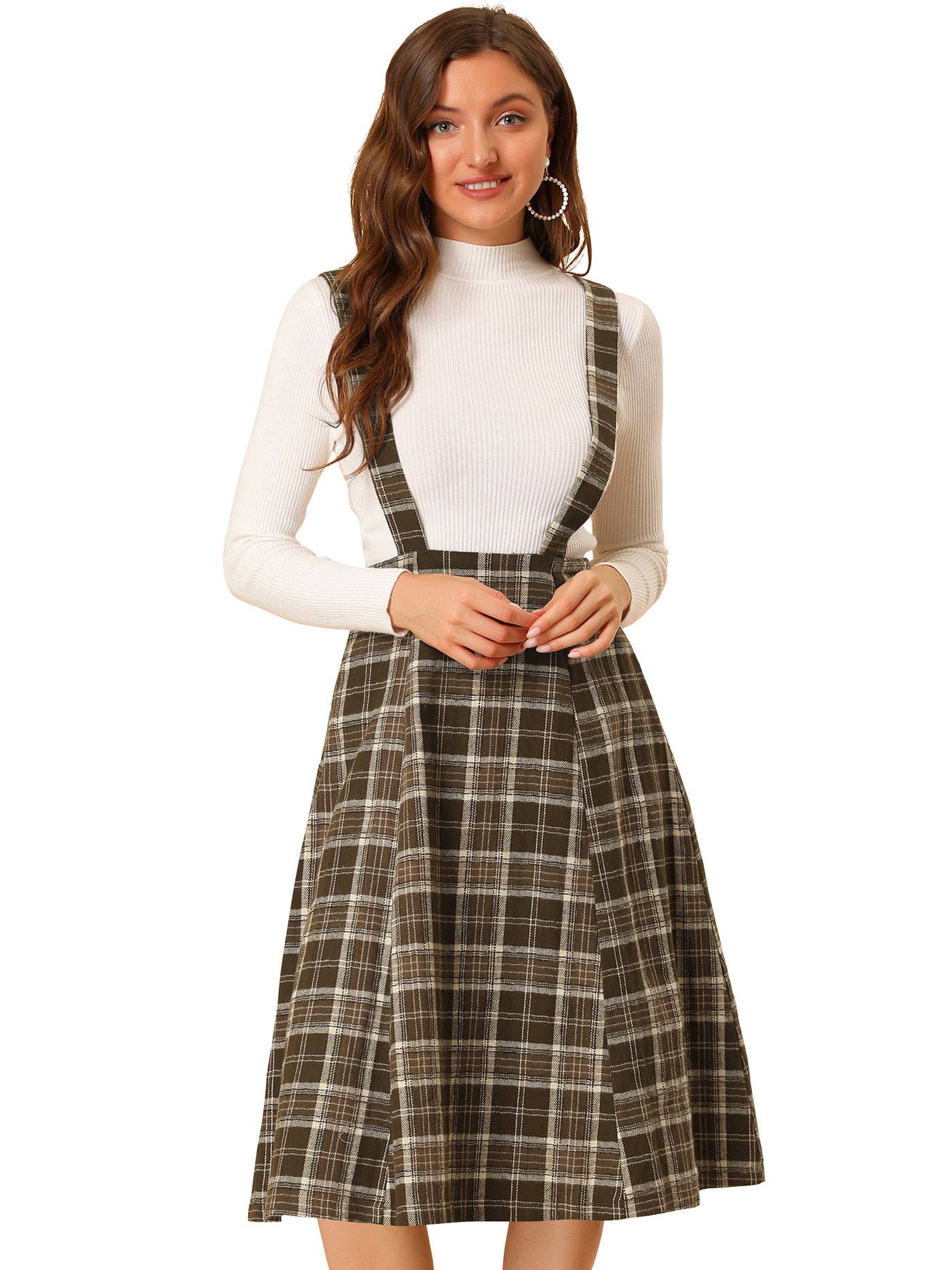 Allegra K Plaid Overall Dress High Waist A-Line Tartan Suspender Midi Skirt