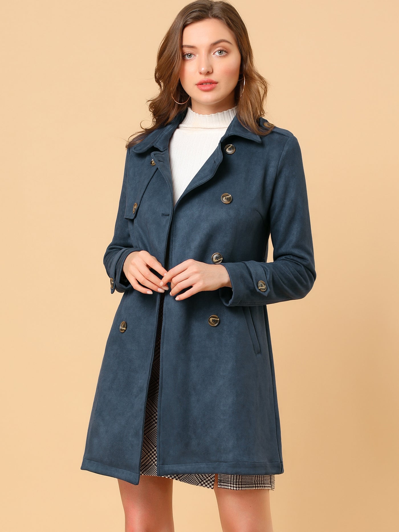 Allegra K Notched Lapel Double Breasted Faux Suede Trench Coat Jacket with Belt