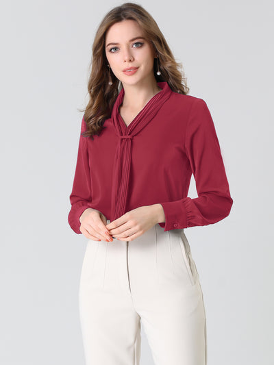 Long Sleeve Blouse Chiffon Pleated Tie Neck Office Top Shirt