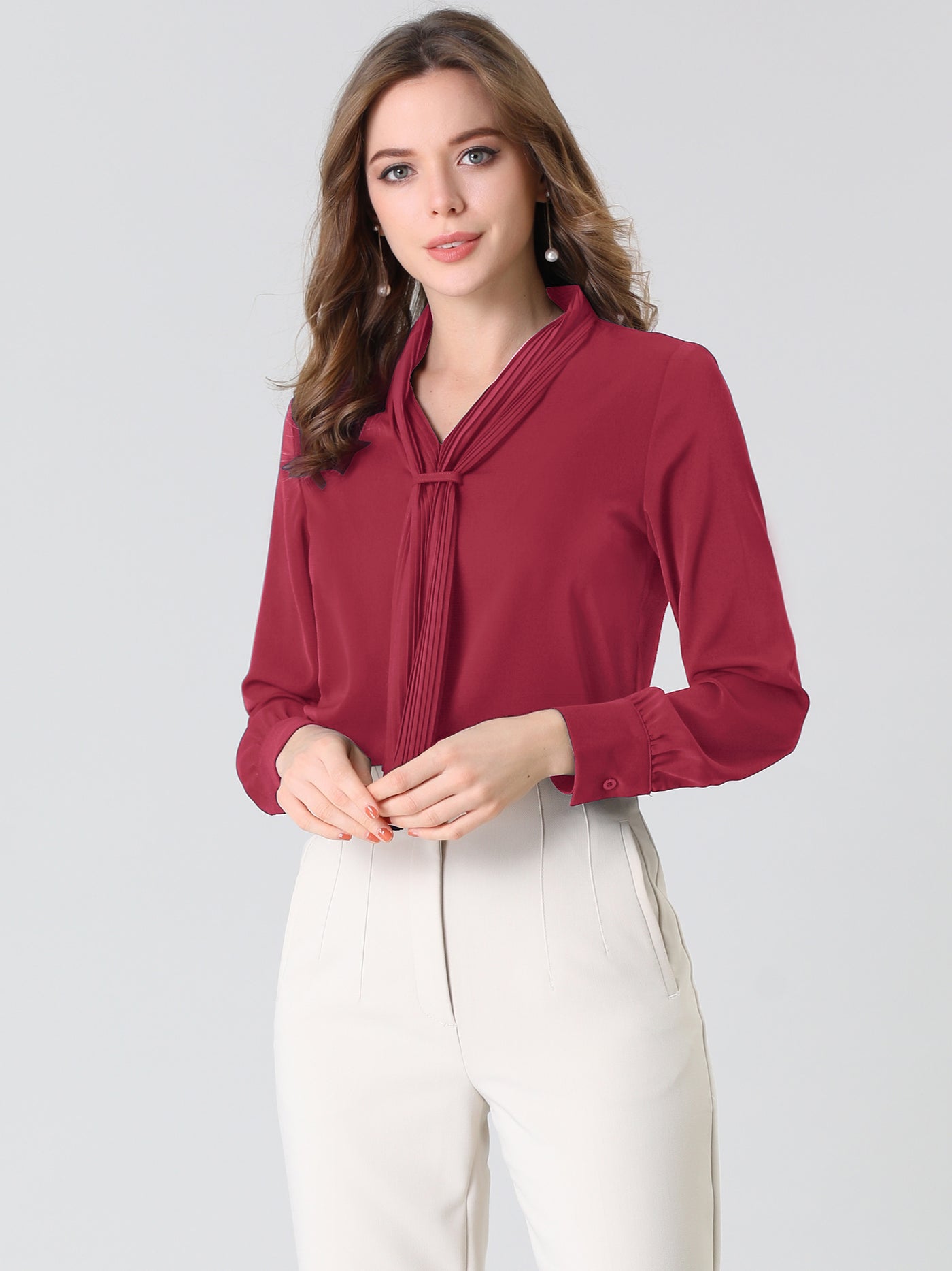 Allegra K Long Sleeve Blouse Chiffon Pleated Tie Neck Office Top Shirt