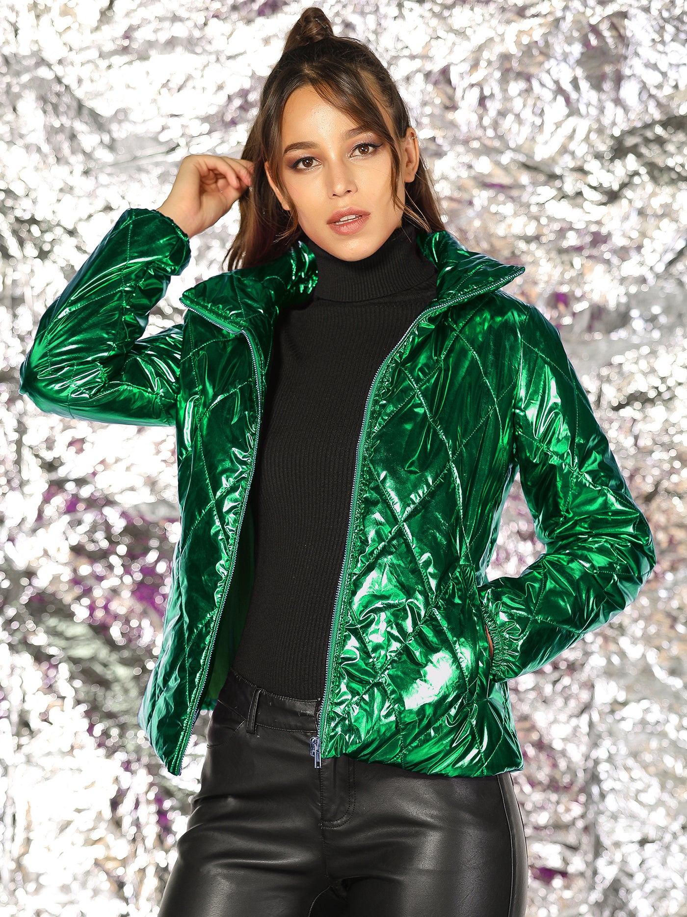 Allegra K Holographic Shiny Zipper Metallic Down Puffer Jacket