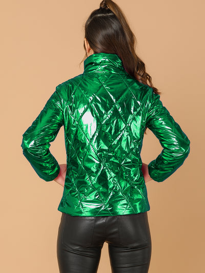 Holographic Shiny Zipper Metallic Down Puffer Jacket