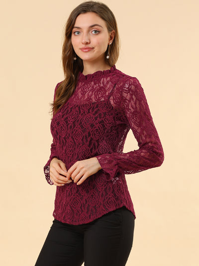 See Through Ruffle Frill Neck Long Sleeve Floral Lace Blouse