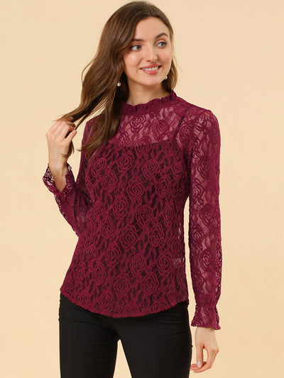 See Through Ruffle Frill Neck Long Sleeve Floral Lace Blouse