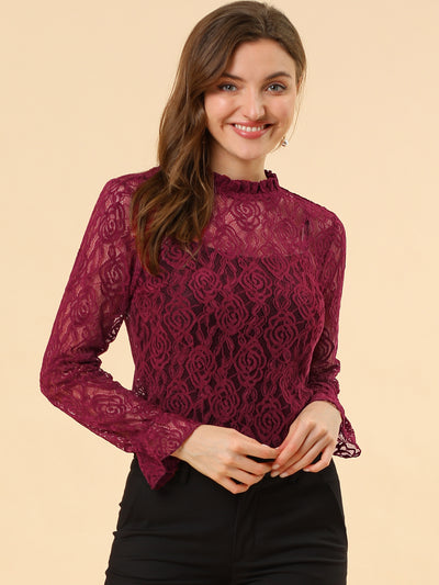 See Through Ruffle Frill Neck Long Sleeve Floral Lace Blouse