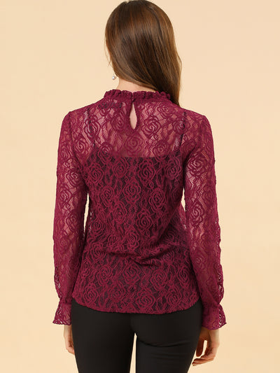 See Through Ruffle Frill Neck Long Sleeve Floral Lace Blouse