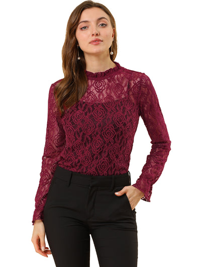 See Through Ruffle Frill Neck Long Sleeve Floral Lace Blouse