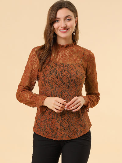 See Through Ruffle Frill Neck Long Sleeve Floral Lace Blouse