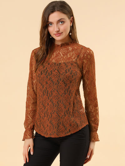 See Through Ruffle Frill Neck Long Sleeve Floral Lace Blouse