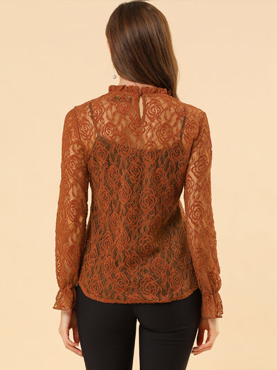 See Through Ruffle Frill Neck Long Sleeve Floral Lace Blouse