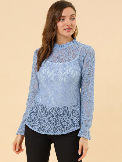 See Through Ruffle Frill Neck Long Sleeve Floral Lace Blouse