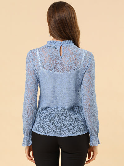 See Through Ruffle Frill Neck Long Sleeve Floral Lace Blouse