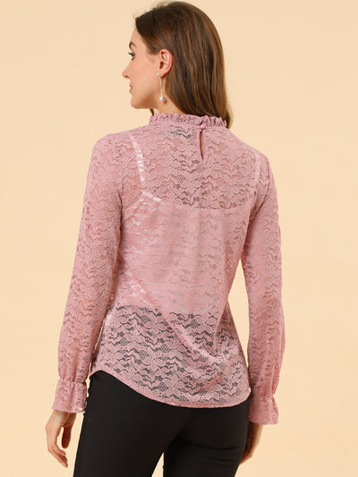 See Through Ruffle Frill Neck Long Sleeve Floral Lace Blouse