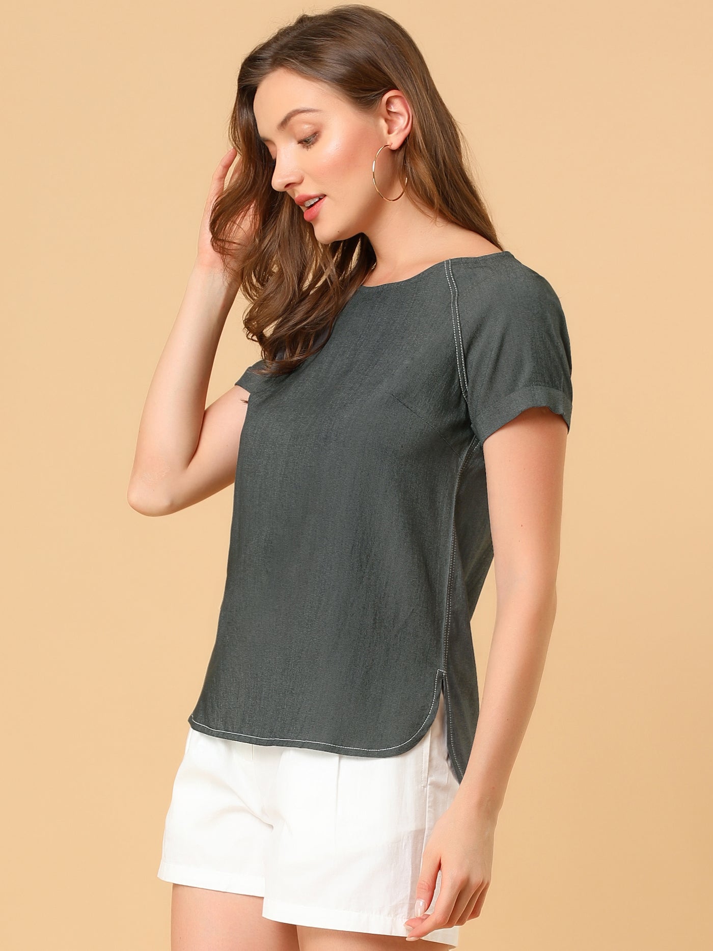 Allegra K Chambray Side Slit Raglan Short Sleeve Top