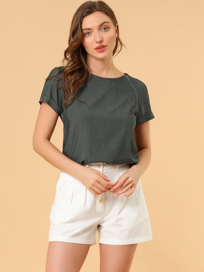 Chambray Side Slit Raglan Short Sleeve Top